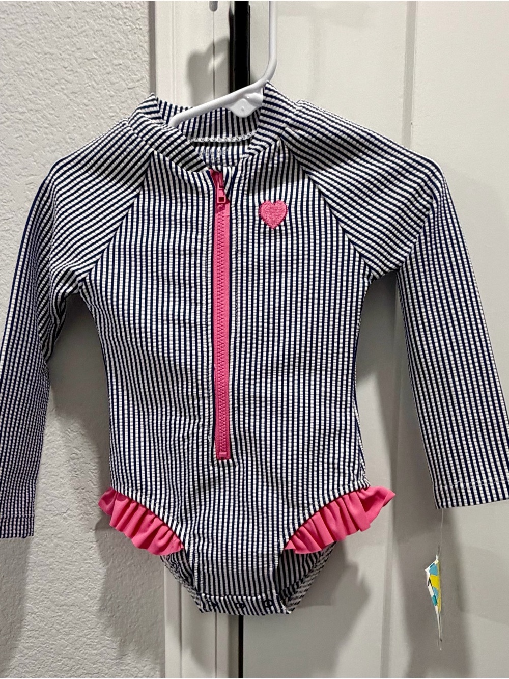 Little Me Navy White Stripe One-Piece UPF 50+ Swimsuit Pink Accents 24 Month
